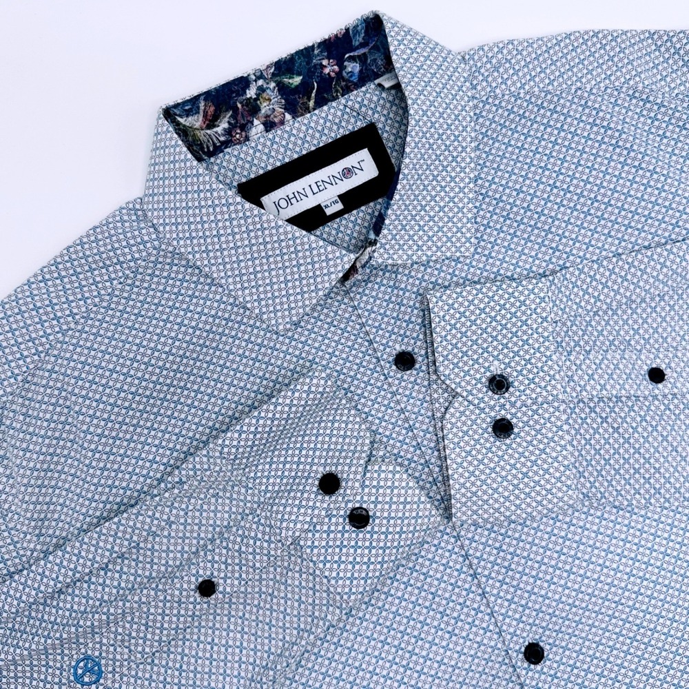 John Lennon Mens XL Blue White Geometric Floral Button Down Cotton Shirt Peace